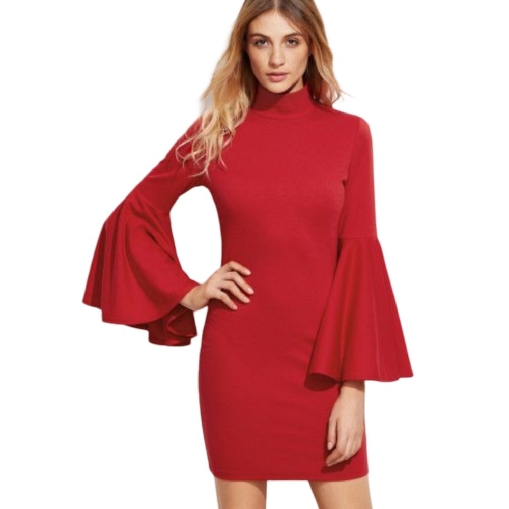 Venus Long Bell Sleeve Mock‎ Neck Zip Back Bodycon Sheath Dress Size Large